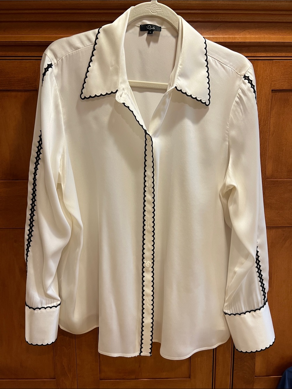 Rails Cream Button-Down Blouse with Black Scallop Trim